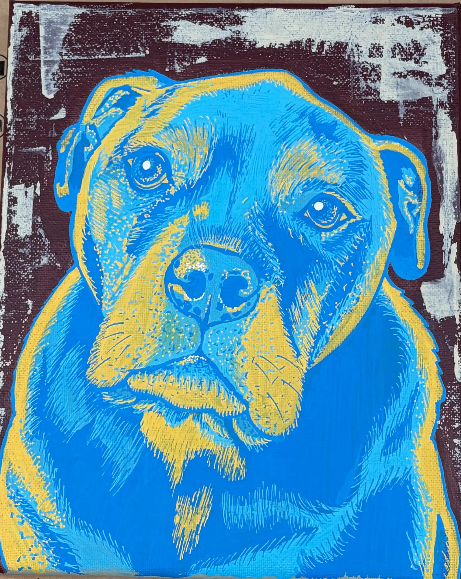 Pop-art portrait of Archer in a blue and yellow duotone treatment, on a deep maroon background with white distressed brushwork