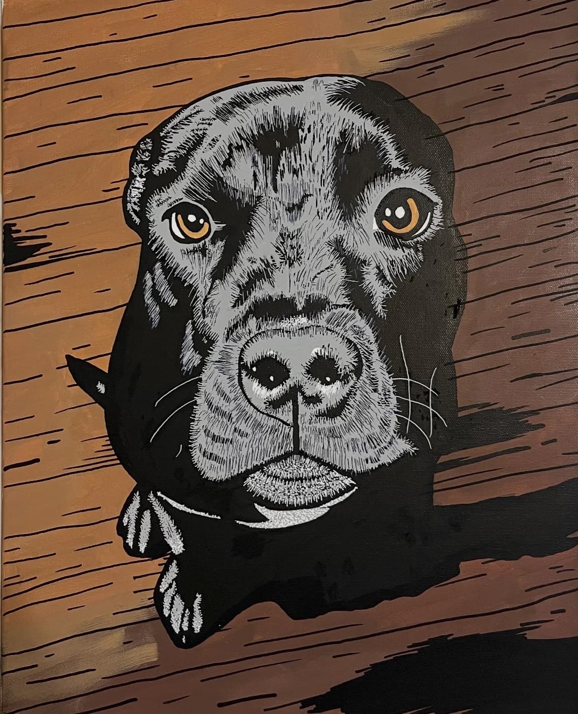 Pop-art portrait of Archer, a black labrador, painted greyscale with amber eyes on a copper wood-grain background