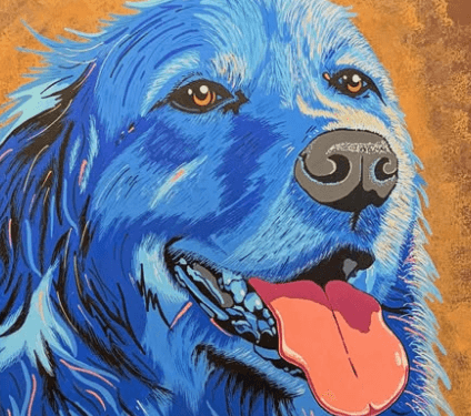 Pop-art portrait of Bluey, a golden retriever painted entirely in cobalt blue on a burnt copper background