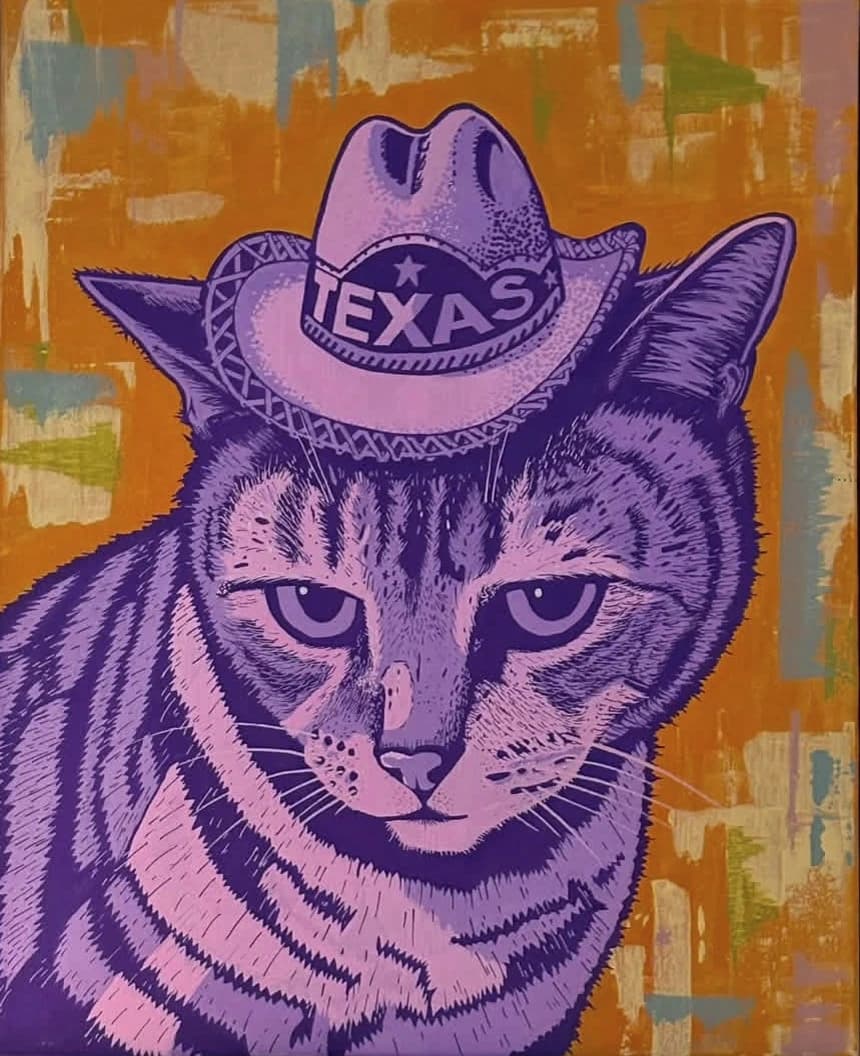 Pop-art portrait of Dallas, a purple tabby cat wearing a Texas hat