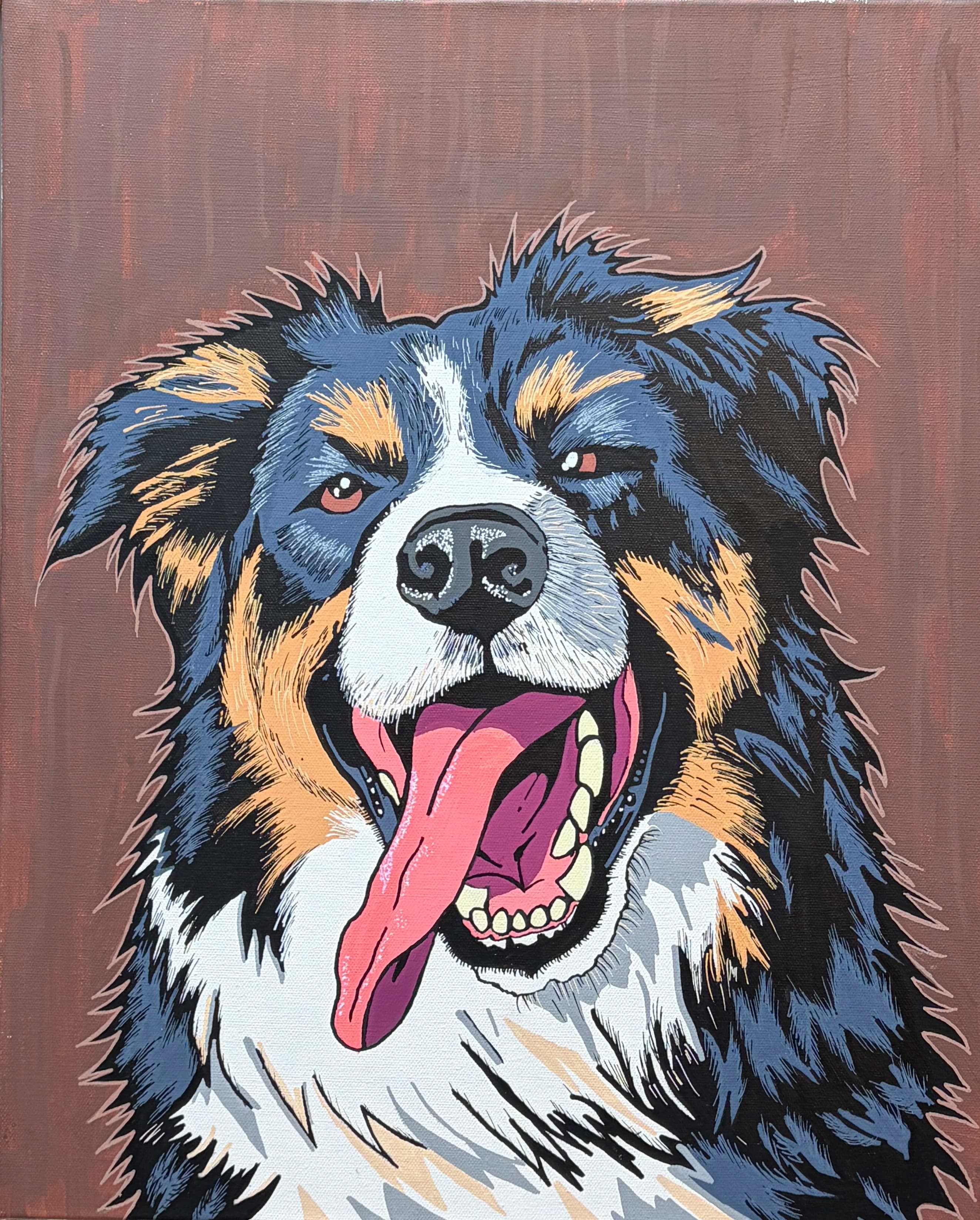 Pop-art portrait of Dexter, an Australian shepherd mid-laugh with his tongue out, on a warm copper background