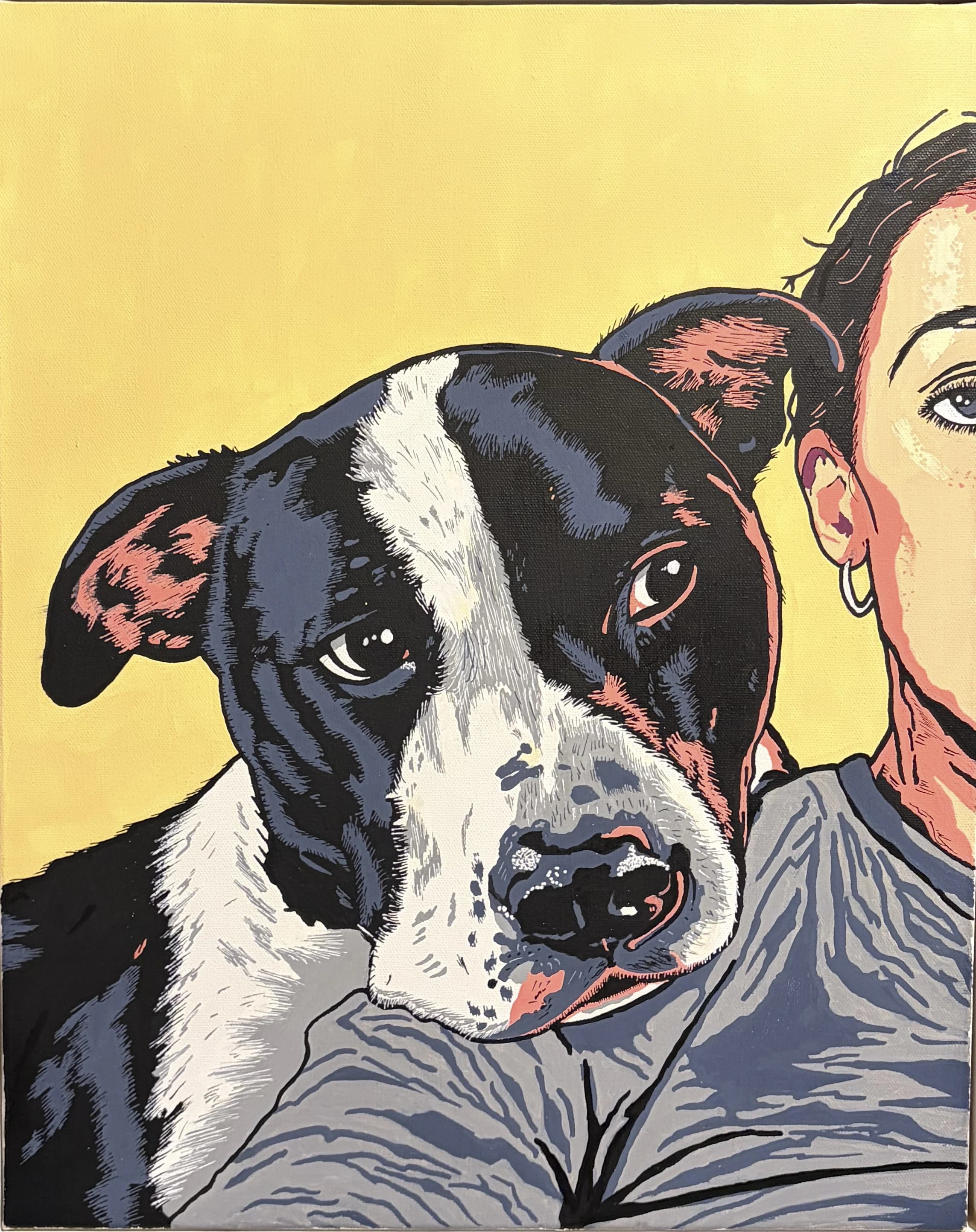 Pop-art portrait of Humphrey the dog beside his owner on a golden background