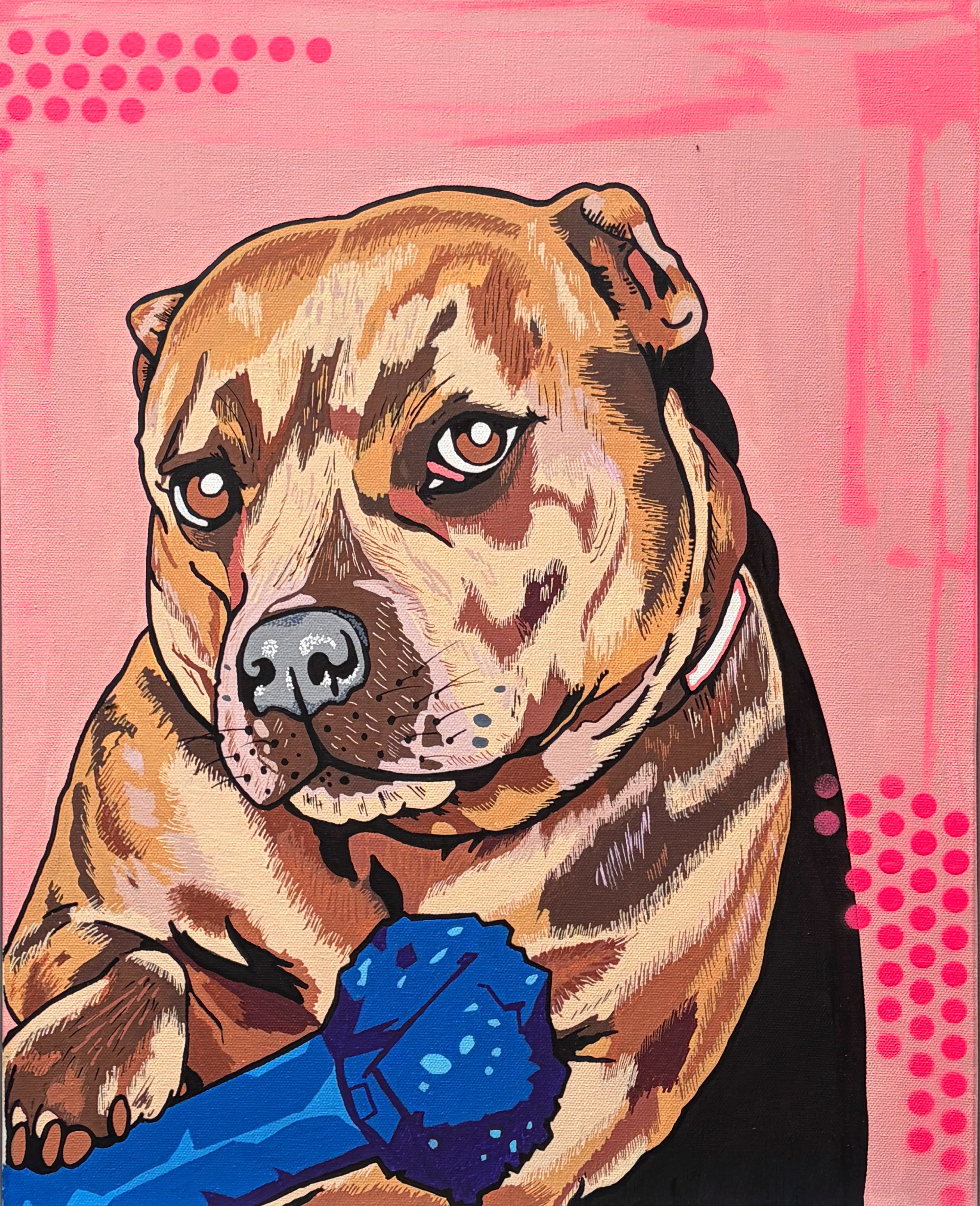 Pop-art portrait of Indy, a staffy on a hot pink background with blue ben-day dots, holding a toy