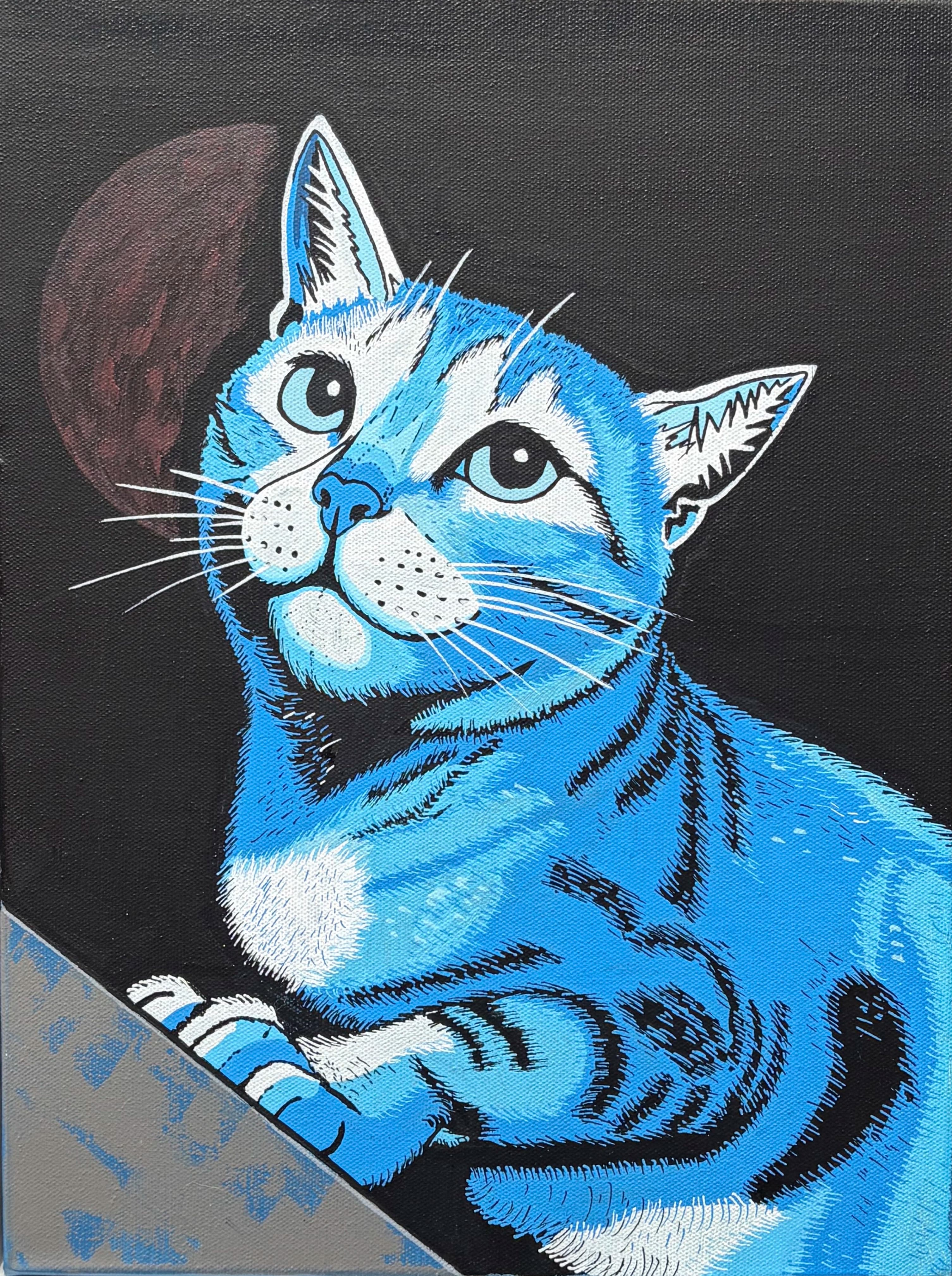 Pop-art portrait of Kelly, an electric blue tabby cat looking upward against a deep black background