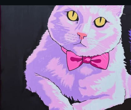 Pop-art portrait of Luna, a lilac cat wearing a hot pink bow tie on a black background