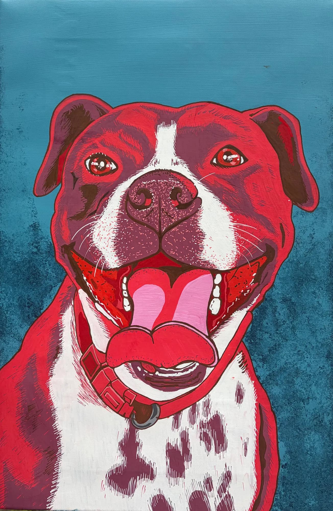 Pop-art portrait of Mike, a staffy painted in crimson red with his mouth open and tongue out, on a teal blue background