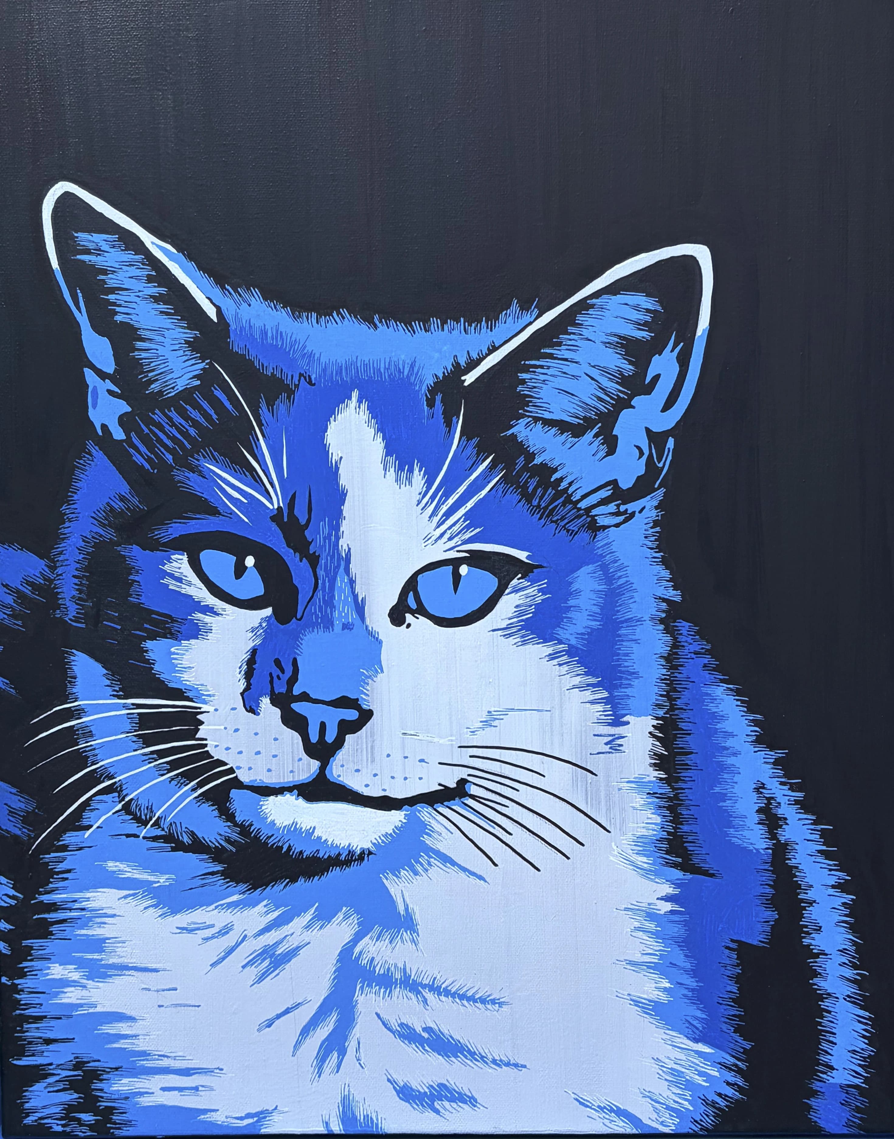 Pop-art portrait of Minnie, a cobalt and white cat with blue eyes on a black background