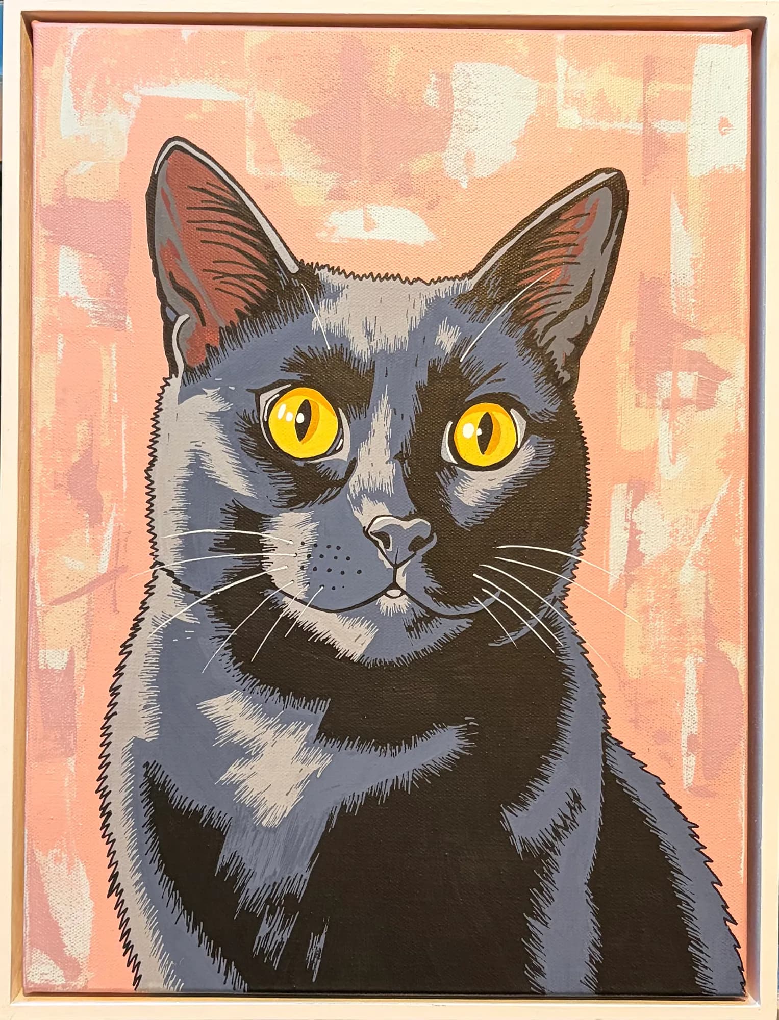 Pop-art portrait of Nyla, a blue-grey cat with bright yellow eyes, on a peach and coral abstract background