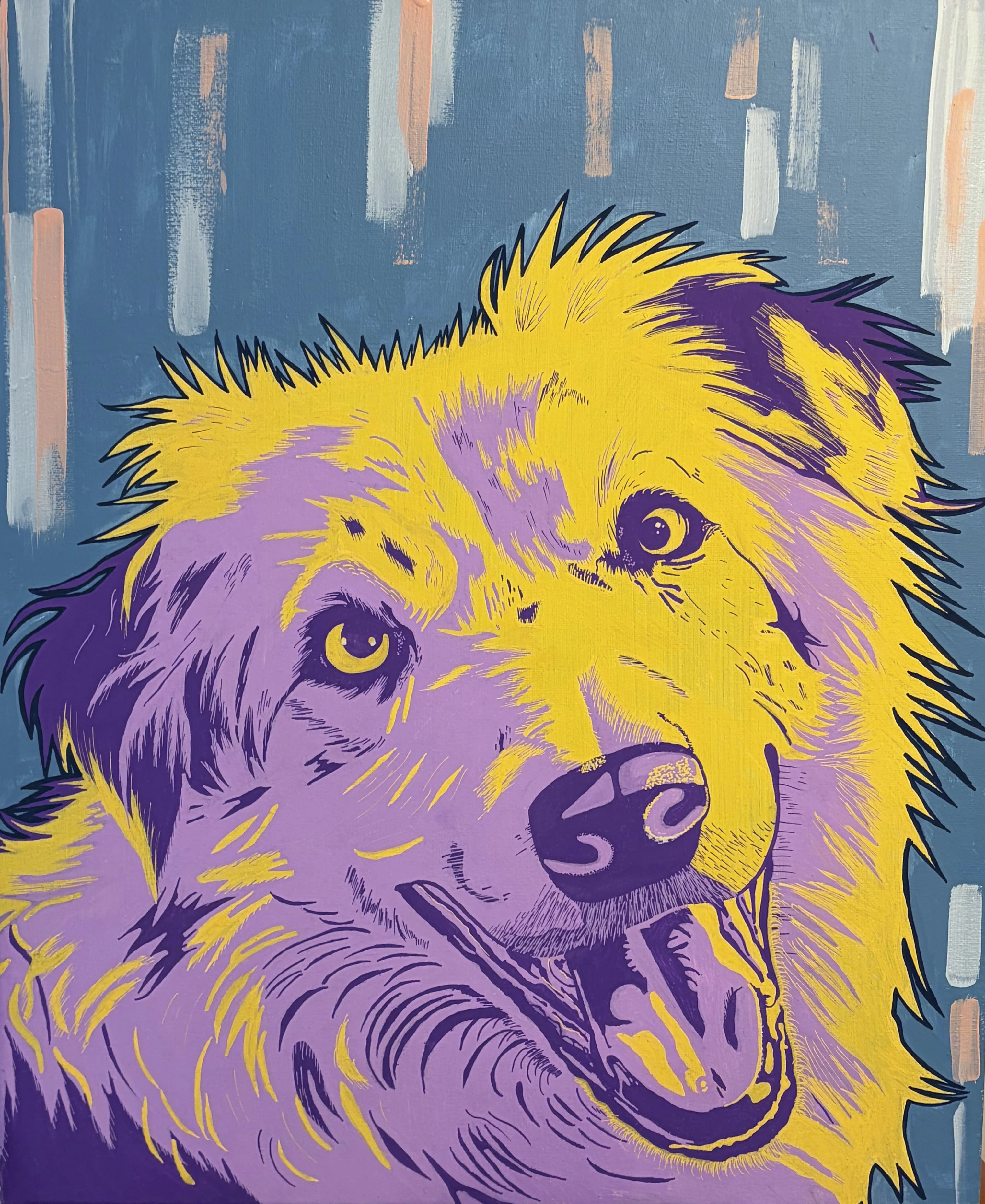 Pop-art portrait of Ollie, a dog in split yellow and lilac duotone on a cornflower blue background