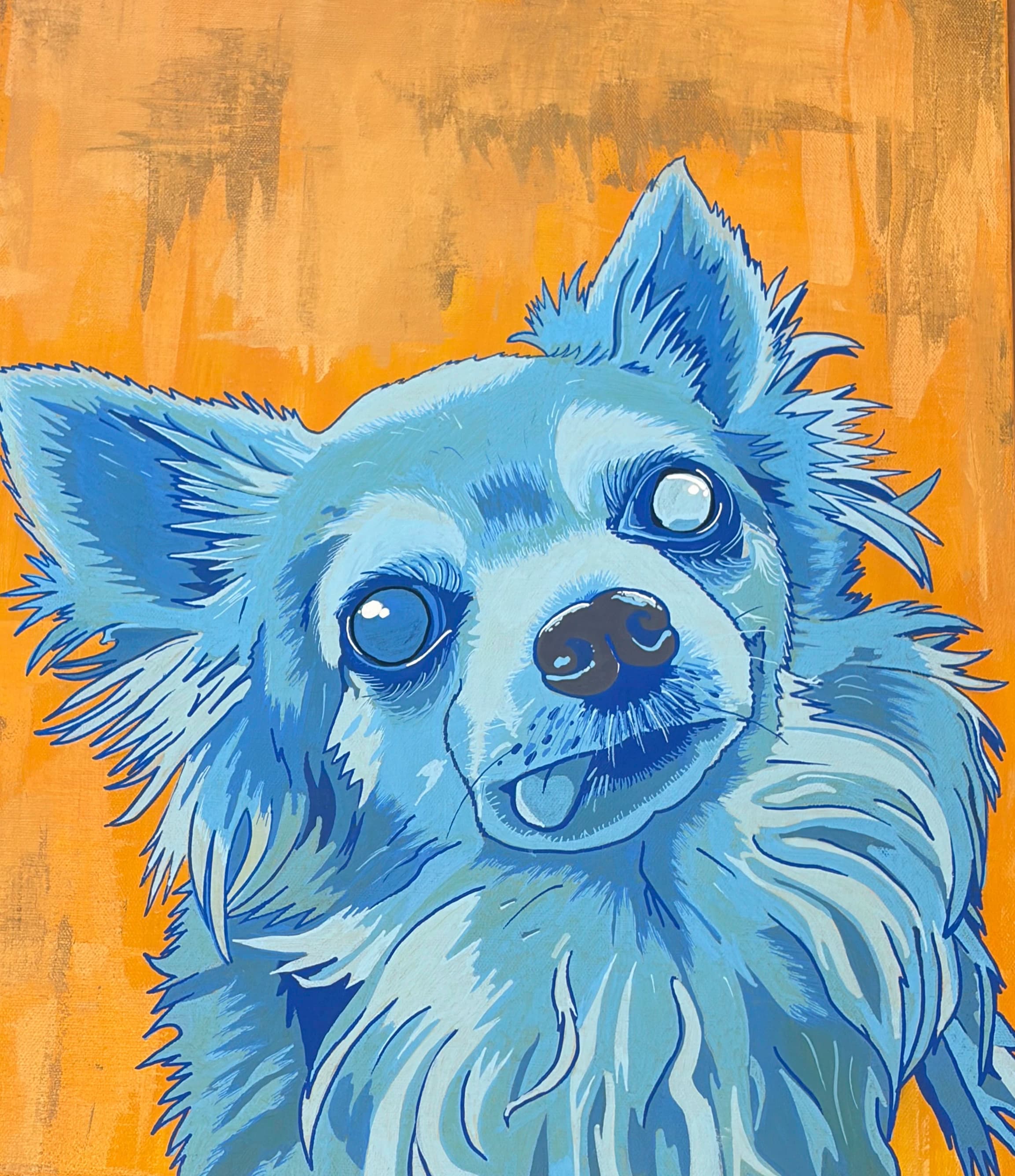 Pop-art portrait of Peanut, a long-haired chihuahua painted electric blue on a hot orange background