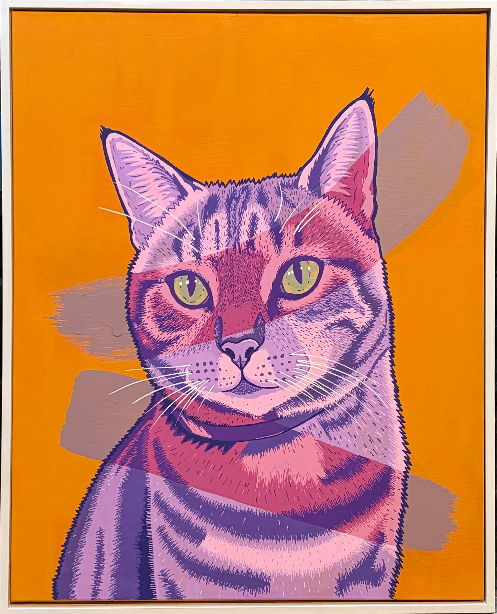 Pop-art portrait of Penny, a tabby cat painted in pink, lilac and purple with green eyes, on a bright orange background