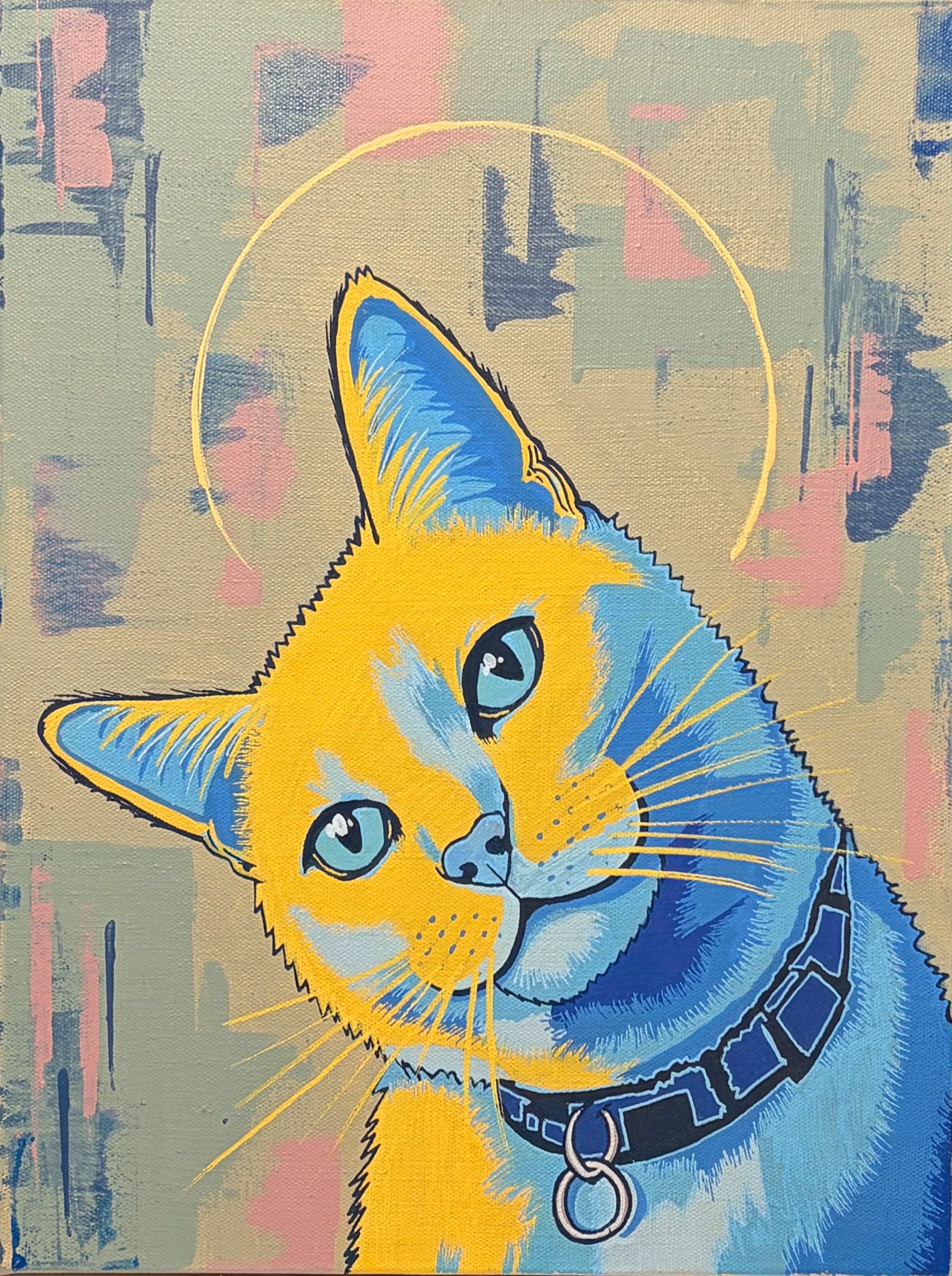 Pop-art portrait of Prince, a yellow and blue tabby cat with a hand-drawn gold halo