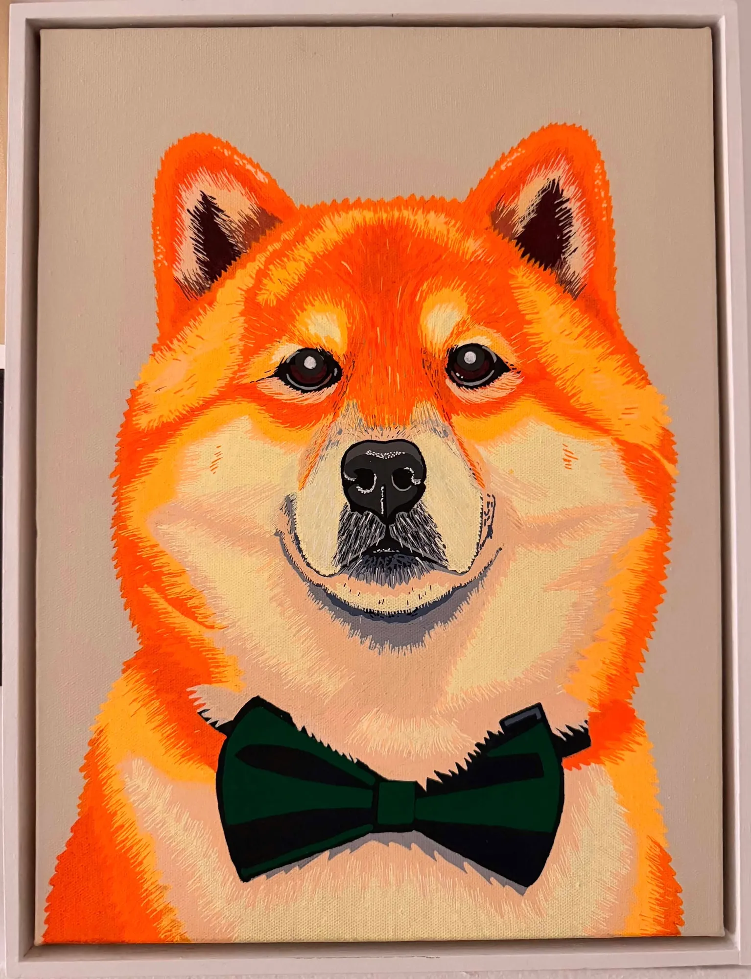 Pop-art portrait of Qbee, a shiba inu painted in neon orange wearing a dark green bow tie, on a soft taupe background