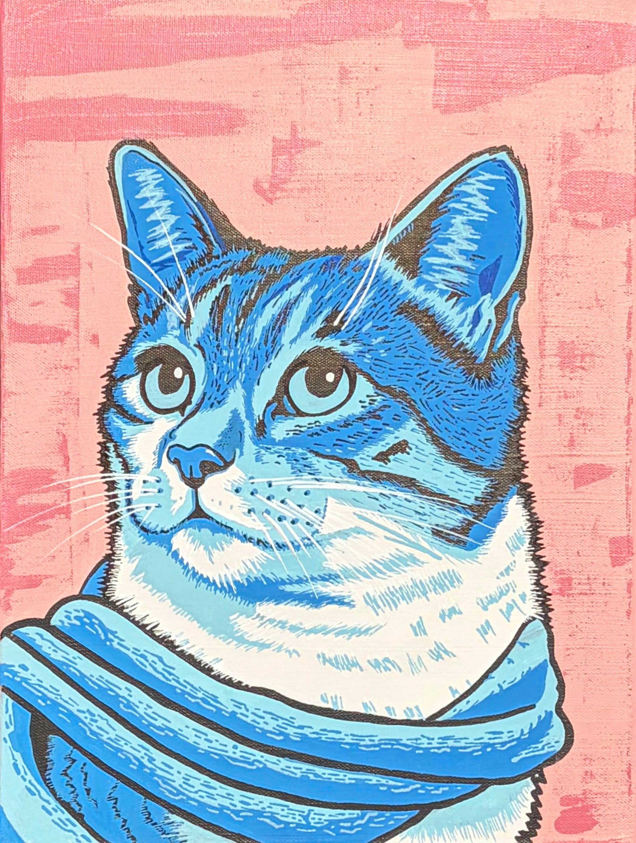 Pop-art portrait of Skye, a blue tabby cat in a knitted scarf on a candy pink background
