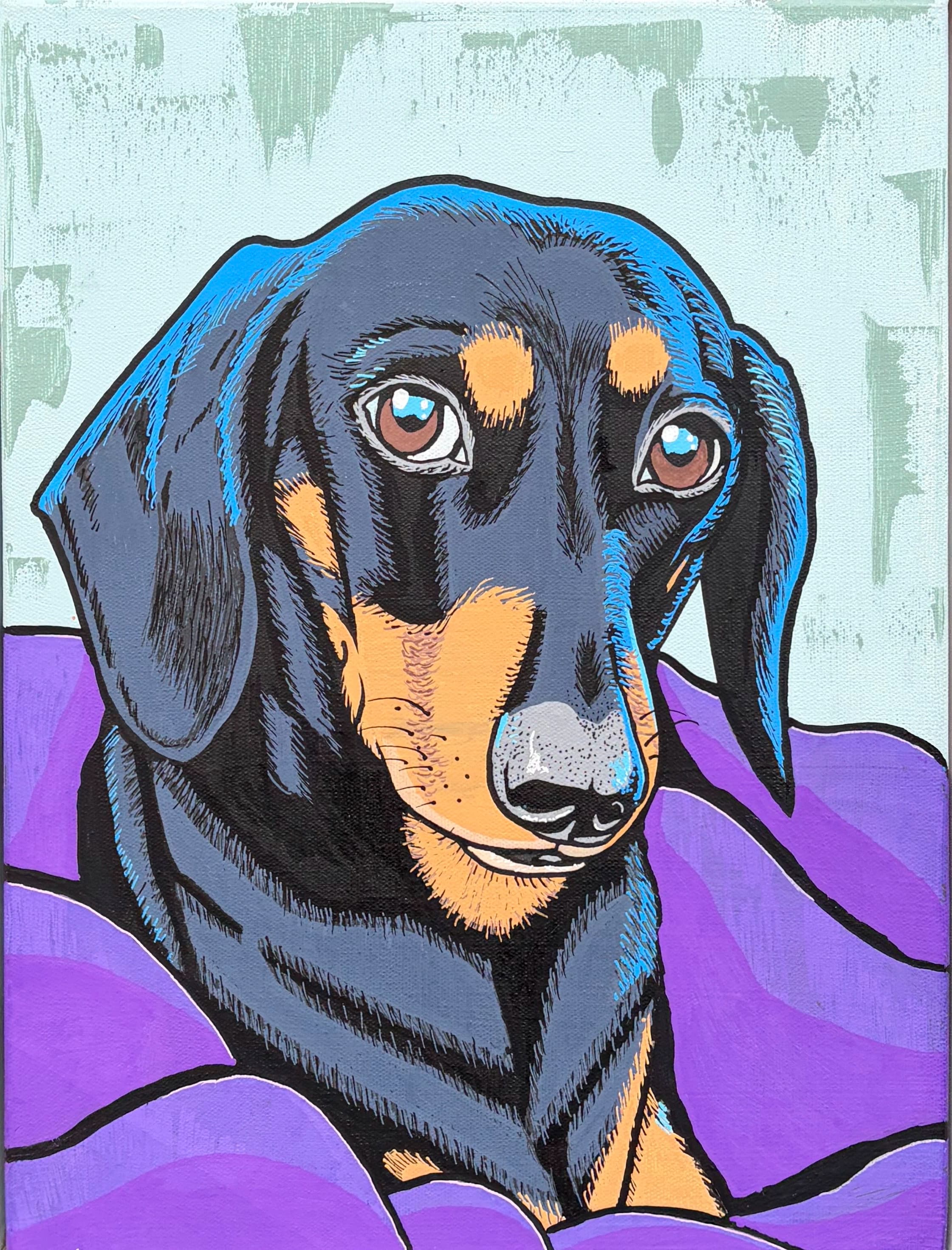 Pop-art portrait of Snags, a dachshund wrapped in a purple blanket on a mint green background