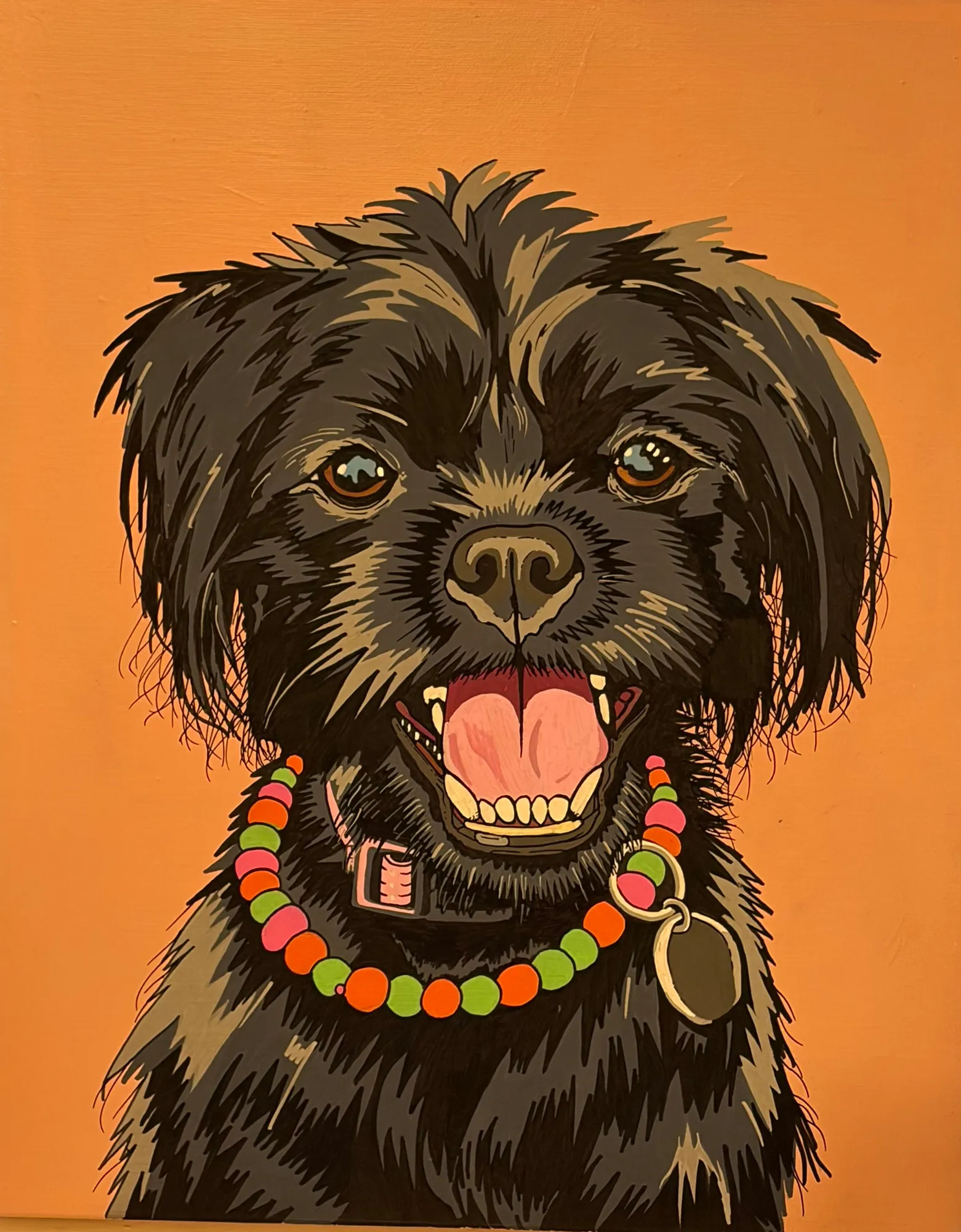 Pop-art portrait of Tracy, a shaggy black dog grinning with her tongue out, wearing a pink, green and orange beaded collar, on an apricot orange background