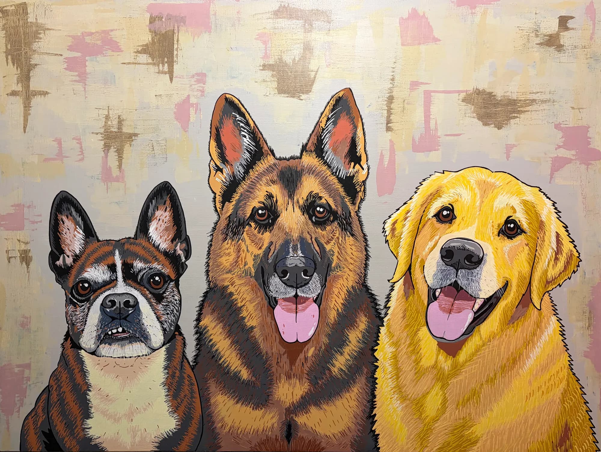 Pop-art group portrait of Ace, Kimba and Spud — a French bulldog, a German shepherd and a golden retriever — across one canvas on a pastel background