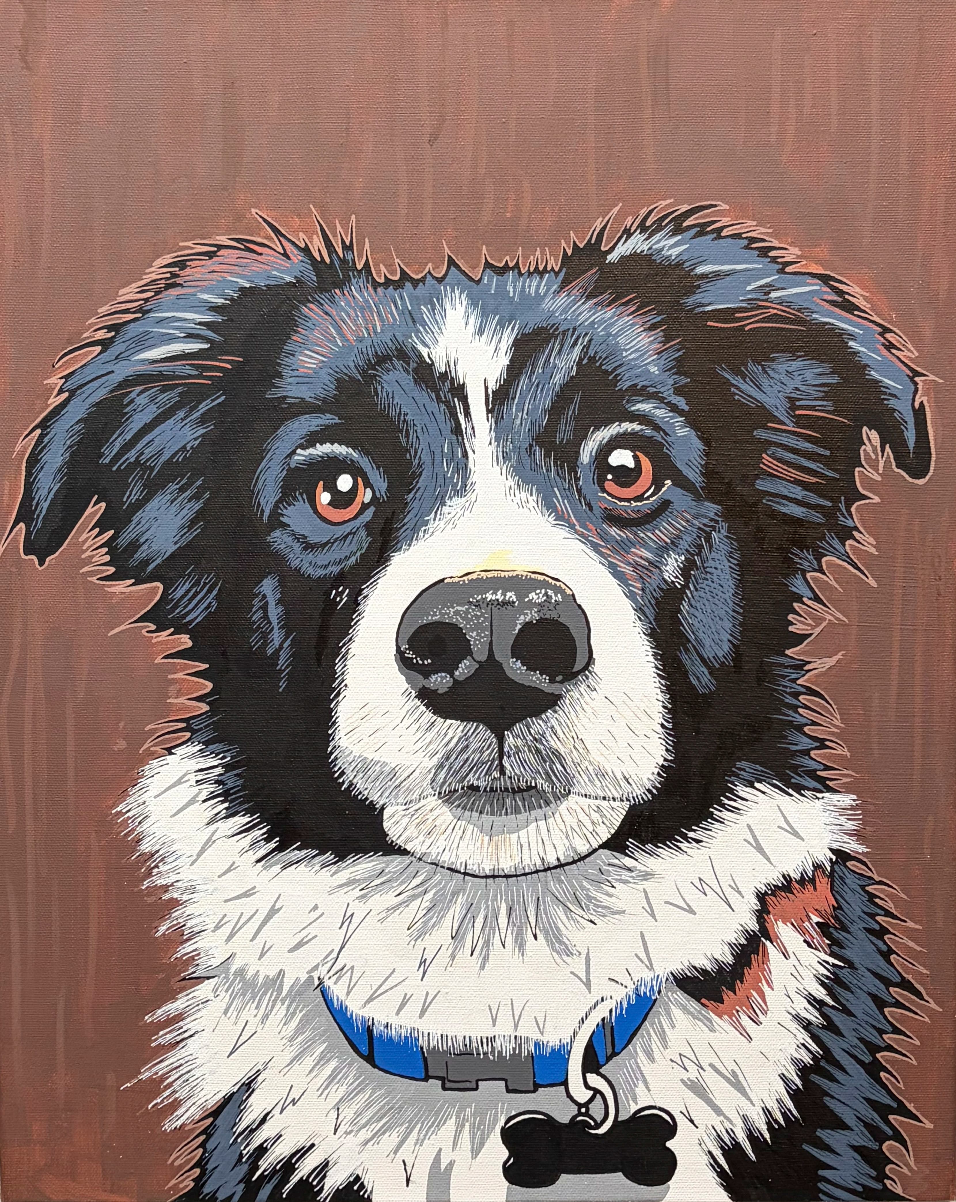 Pop-art portrait of Turbo, a border collie with a blue collar and bone tag, on a wood-grain brown background