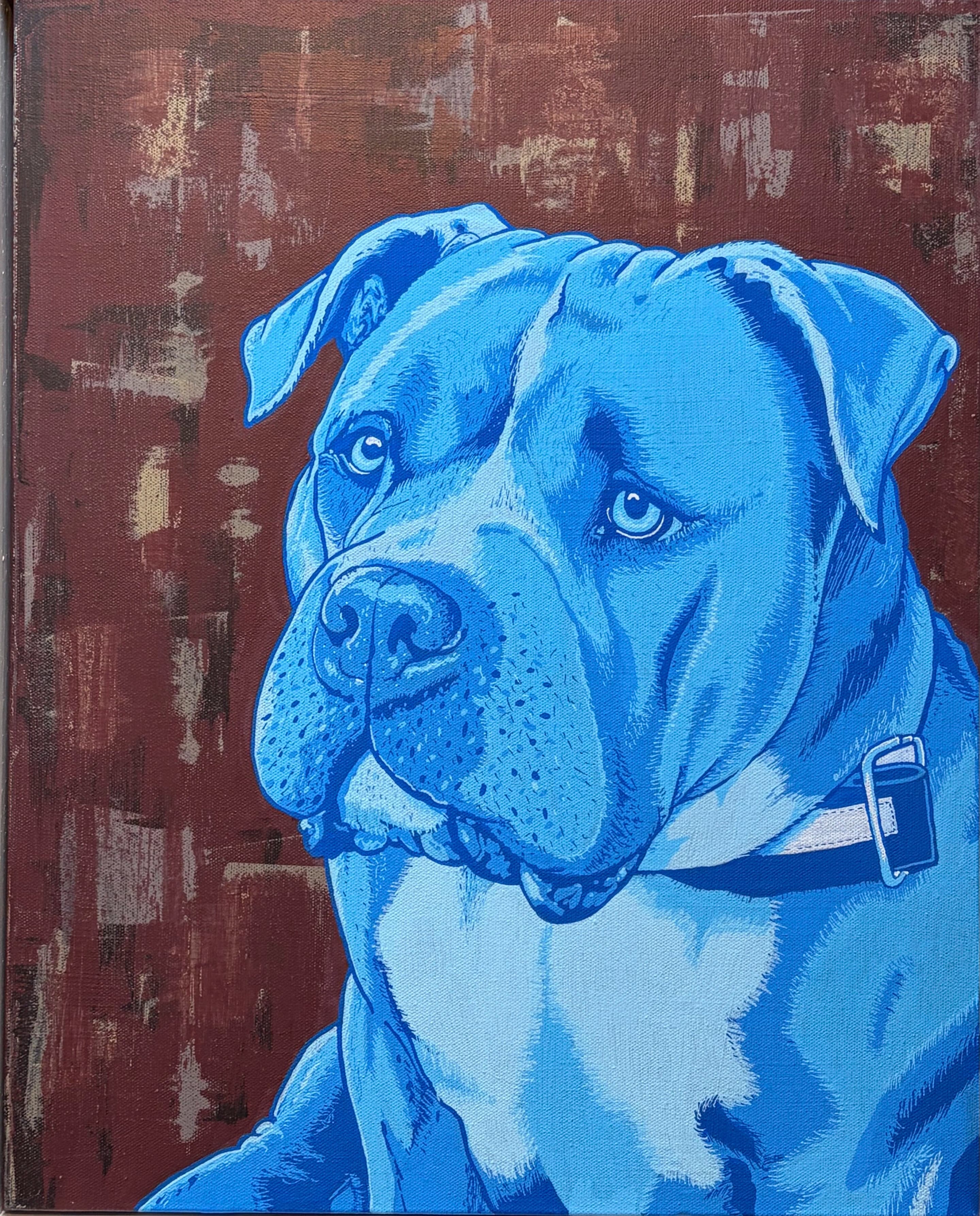 Pop-art portrait of Zeus, a bull breed dog painted cobalt blue on an oxblood background